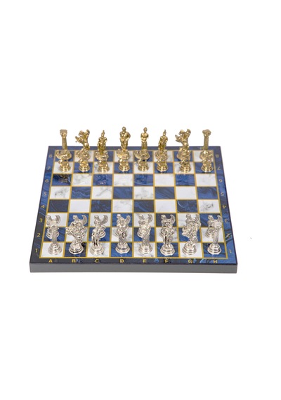 Lüks Metal Satranç Takımı Krom Kaplama Pegasus Atları & Gök Mavi Mermer Desenli Tahta 20 Cm.