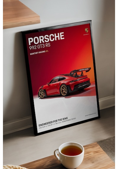 Porsche 992 Gt3 Rs Ahşap Çerçeveli Poster, Dekoratif Araba Duvar Tablosu