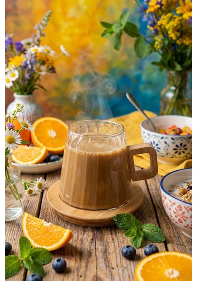 Makri Home Bambu Altlıklı Çizgili Desenli Şeffaf Cam Kupa 300 Ml Çok Renkli