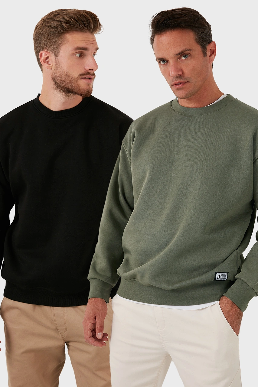 Buratti Regular Fit Bisiklet Yaka Şardonlu 2'Li Paket Erkek Sweat 5905255S2 Haki-Siyah