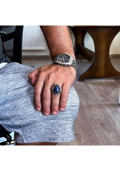 925 Ayar Gümüş Yüzük, Doğal Lapis Lazuli Taşı İle El Yapımı Erkek Yüzük, Vintage Tasarım Gümüş