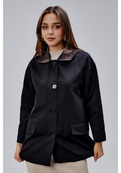 Mia Siyah Ekose Yaka Cepli Oversize Trençkot