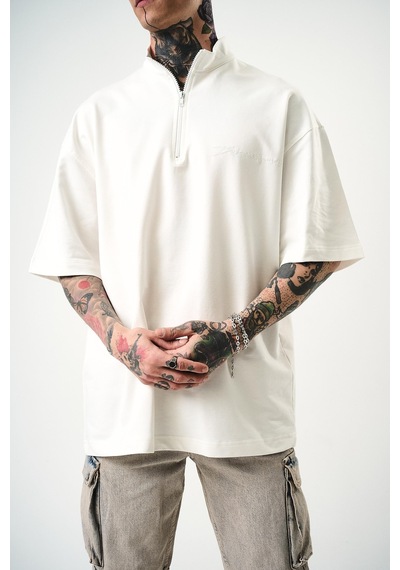 Respire Erkek Be Kind Nakışlı Yarım Fermuarlı Oversize T-shirt Ekru