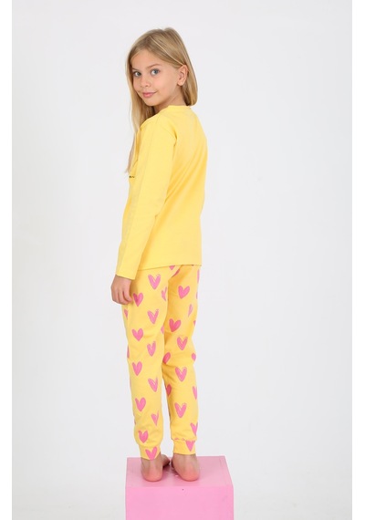 Kız Çocuk Uzun Kollu %100 Pamuklu Pijama Takımı Happy Heart Sarı Sarı