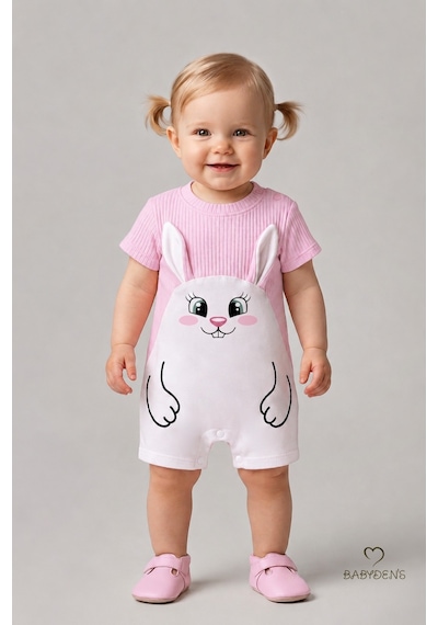 Babyden's Tavşan Figürlü Kız Bebek Şortlu Tulum %100 Pamuk Yazlık Tulum Günlük Bebek Tulumu 0-9 Ay Pembe