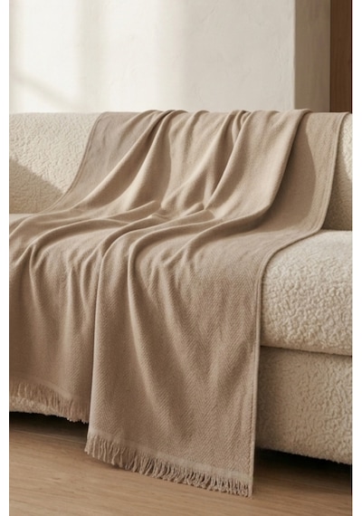 İskandinav Dokulu Pamuklu Saçaklı Koltuk Örtüsü Ve Koltuk Şalı Kaymaz Terletmez 170x200 Cm Bej