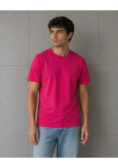 Defymoda Erkek Basic Pamuklu Tişört Bisiklet Yaka Düz Renk Regular Fit T-shirt - Fuşya