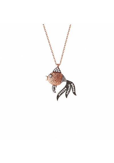 925 Ayar Gümüş Roze Rengi Zirkon Taşlı Balık Figürlü Kadın Kolye Rose Gold