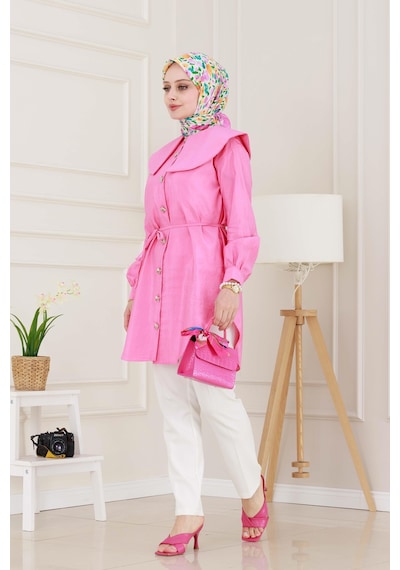 Sevitli Beli Bağcık Detaylı Geniş Yaka Tunik-pembe-4993 Pembe