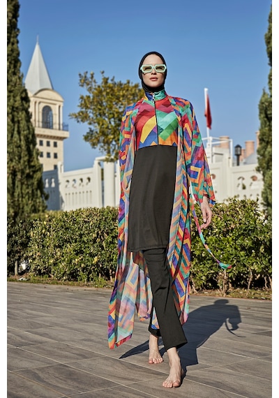 Remsa Mayo Remsa Tesettür Mayo Üzerine Tek Kaftan Kimono Pareo Rp016 Tetris Siyah