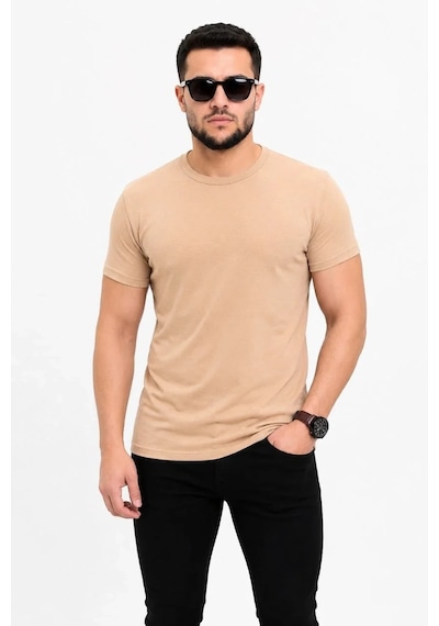 Tarz Yeri Erkek Basic Tişört Bisiklet Yaka Kısa Kol Günlük Yazlık Slim Fit T-shirt - Bej