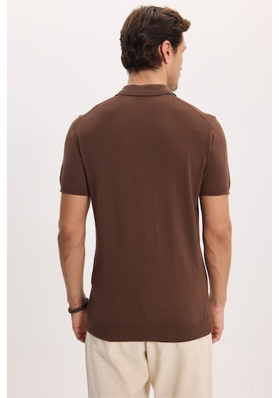 Tudors Erkek Slim Fit Dar Kesim Pamuklu Örme Triko Kahverengi Polo Yaka Tişört-46227