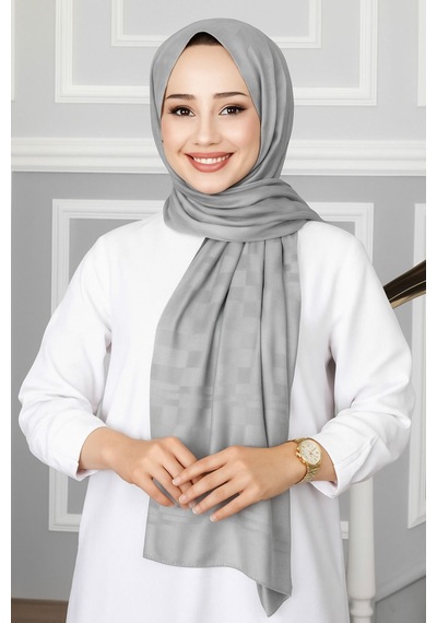 Mim Eşarp Emproyal Silver Jakar Dama Desenli Şal 75x190 Cm Gümüş