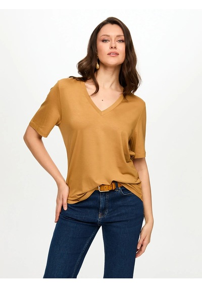 Faik Sönmez V Yaka Kısa Kol Kadın T-shirt Bs26tsh001 Camel