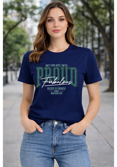 Herkesemoda Proud Baskı Detaylı Basic T-shırt Lacivert