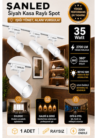 Led Beyaz Kasa Beyaz Işık 35w Raylı Spot / 1 Adet