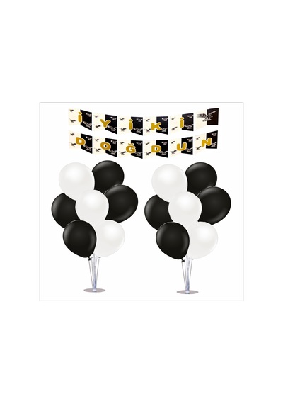 2 Adet Ayaklı Balon Standı 7li Set, 14 Adet Taraftar Siyah-beyaz Balon+banner Tüm Yaşlar