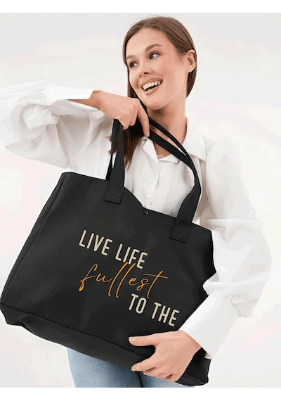Çınar Bez Çanta Siyah 3 Çıtlı Live Life Baskılı Büyük Boy Kanvas Çanta - Standart