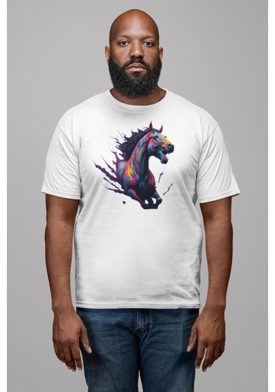 Renkli At Koşu Unisex Unisex Beyaz Organik Baskılı T-shirt Penye Yüksek Kalite Beyaz