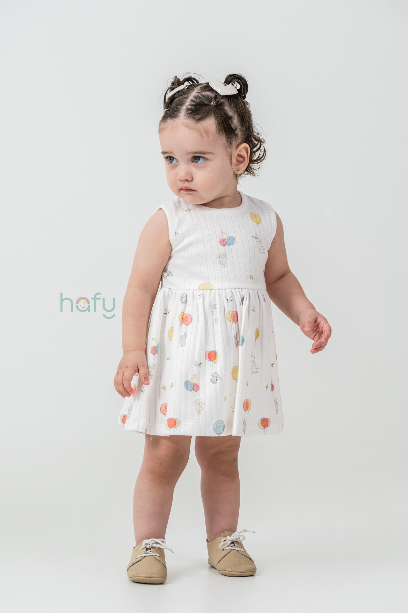 Hafy Baby Kolsuz, Renkli Balon Desenli, Yazlık Kız Çocuk / Bebek Elbisesi Krem