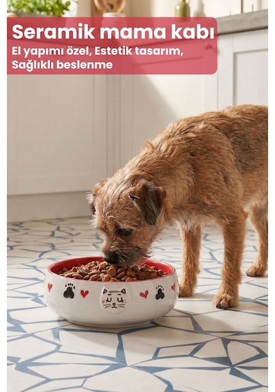 Tekli Seramik Kedi Desenli 600 Ml Kırmızı-mama Kabı Kedi Köpek Mama Su Kabı