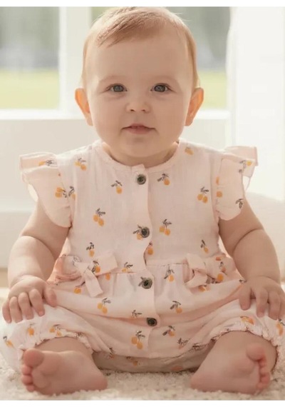 Nanon Baby Altıntaş Baby Kiraz Ponpon Desenli Müslin Fiyonklu Tulum Turuncu Turuncu