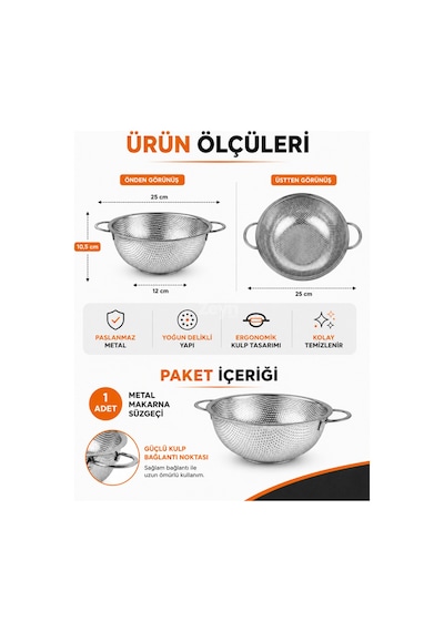Paslanmaz Çelik Makarna Süzgeci 25 Cm Çift Kulplu Metal Sebze Meyve Yıkama Ve Süzme Kevgiri Gri