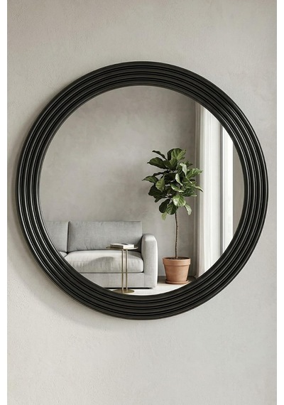 Tr Zümrüt Siyah Dekoratif Ayna Yuvarlak Ayna Işlemeli Ahşap Duvar Aynası Tekli 44cm Ayna - 56cm Çerçeve Diğer