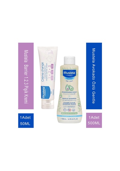 Mustela Avokado Özlü Gentle 50 Shampoo 500 Ml + Mustela Vitamin Barrier 1.2.3 Pişik Kremi 50 Ml