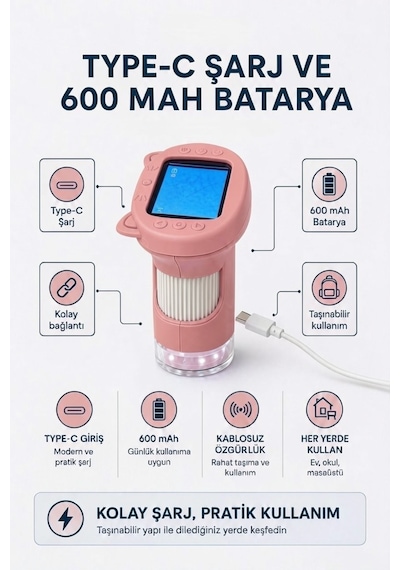 4berry Taşınabilir Fotoğraf Çekebilen Dijital Mikroskop 1000x 2.4 Ips Ekran, 2 Mp Kamera, 8 Led Işık, Type-c Şarjlı Pembe