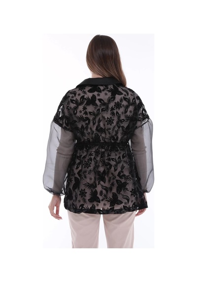 Furrier Organze Flok Baskılı Saten Detaylı Ceket Siyah