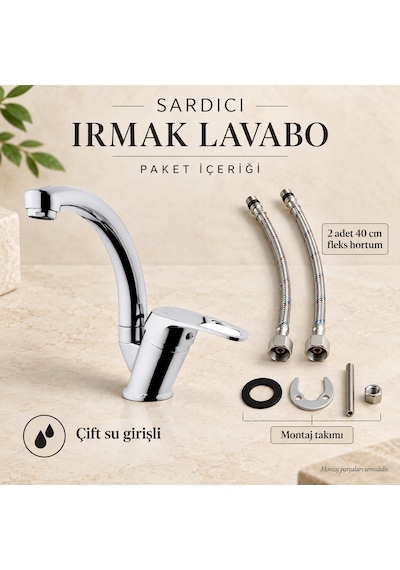 Sardıcı Irmak Krom Kısa Kuğu Lavabo Bataryası Çift Su Girişli 40 Cm Hortum Ve Montaj Takımı Dahil