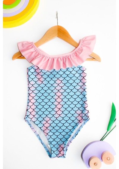 Lolliboomkids Kız Çocuk Pastel Renk Balıksırtı Desen Fırfır Yaka Detaylı Mayo Yeni Sezon Açık Mavi