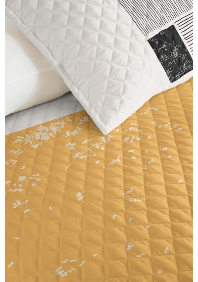 Sarı Geometrik Genç Odası Tek Kişilik Pike Takımı - Siyah Çizgili 160x220 Cm Kapitone Yatak Örtüsü Killi Meltem Kıyısı