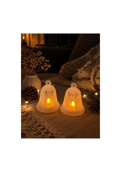 Dekoratif İkili Çan Led Mum Aydınlatmalı Beyaz