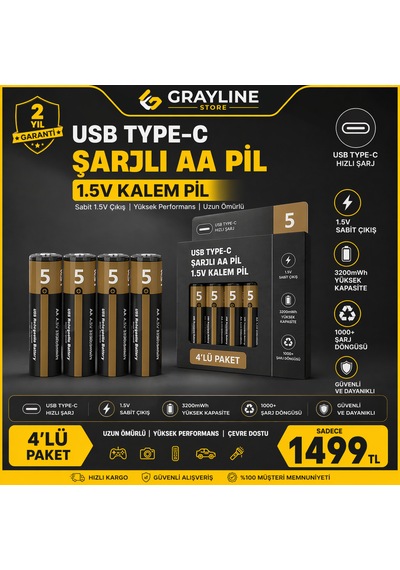 Usb Type-c Şarjlı Aa Lityum Pil 1.5v Sabit Çıkış 3200mwh 4 Lü Paket