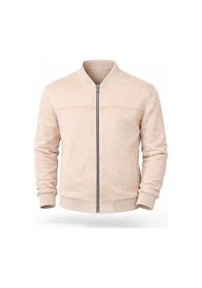 Premium Slim Fit Bomber Kolej Deri Ceket Krem
