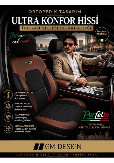 Perfetto Serisi Lüks Keten Üniversal Oto Koltuk Kılıfı - 5 Koltuk Tam Set Kahverengi