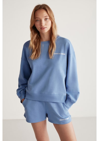 Grımelange Jennıfer Kadın Organik Pamuklu Nakışlı Yuvarlak Yakalı Oversize Mavi Sweatshirt