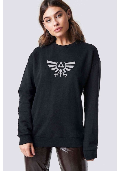 Triforce Nes Baskılı Siyah Kadın Sweatshirt