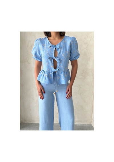 Verymoda Önden Bağlamalı Nakışlı Bluz D2788 Açık Mavi