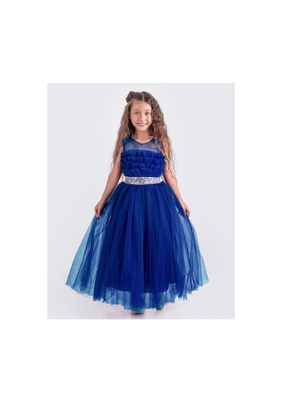 Mnk Baby & Kids Sapes Model Sırt Gipeli Tüllü Kız Çocuk Askılı Saten Abiye Mnk0618 Saks Mavi