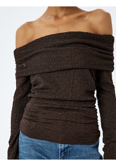 Koton Dantel Detaylı Uzun Kollu Omzu Açık Slim Fit Tişört Kahverengi 5wak50370ek Kahve
