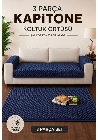 3 Parça Kaymaz Taban Kapitone Koltuk Örtüsü Takımı Çekyat Kanepe Seti Lacivert Lacivert