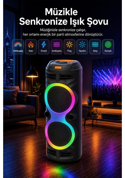Taşınabilir Mikrofonlu 60w Led Işıklı Bluetooth Karaoke Hoparlör Set