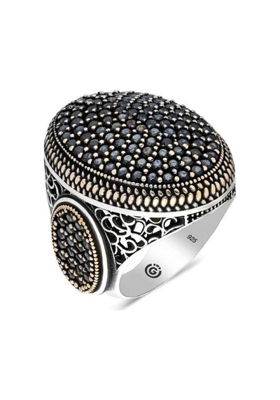 Gümüş Siyah Zirkon Taşlı Oval Erkek Yüzük (546038496)