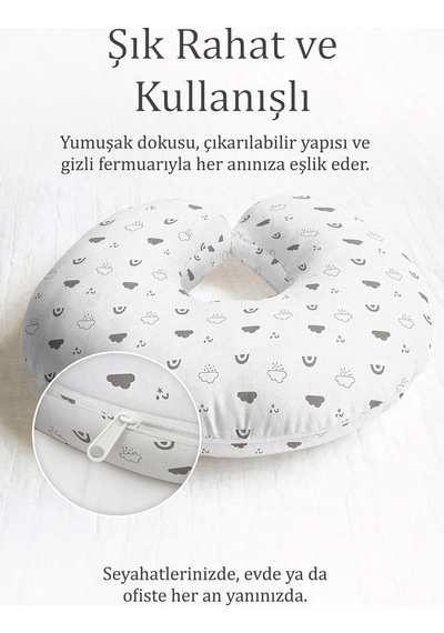 Bulut Desenli Pamuklu Boyun Yastığı - Minimalist Gri Beyaz Çocuk & Yetişkin Seyahat Yastığı Sedefli Adaçayı Bal