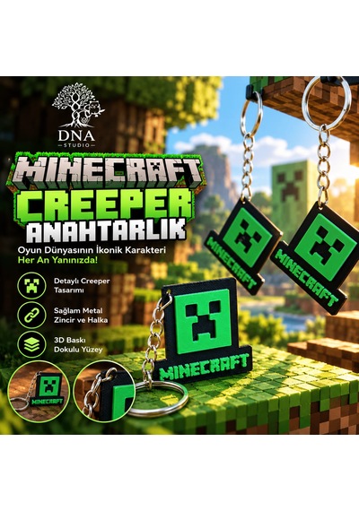 Minecraft Creeper Anahtarlık Yeşil Siyah Piksel Tasarımlı Çanta Aksesuarı Gümüş