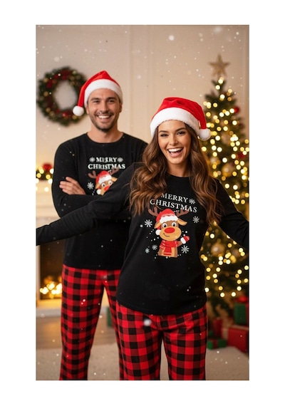 Siyah İnci Kadin Ekose Merry Christmas Baskılı Yılbaşı Temalı Örme Pijama Takım 7970 Siyah Kırmızı Ekose