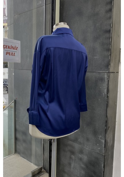 Pera Moda Büyük Beden İpek Saten Klasik Gömlek Lacivert